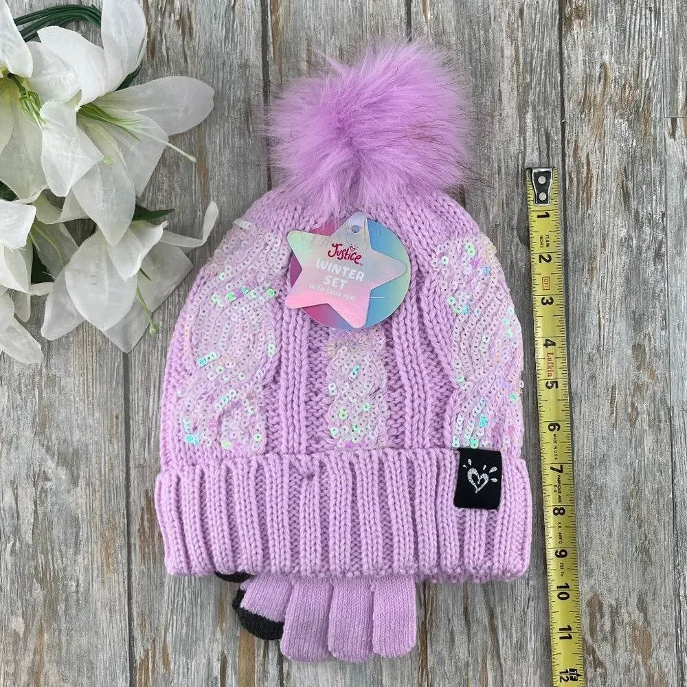 Girls Justice Sequin Cable Knit Hat and Gloves Set Pink 2-Pack